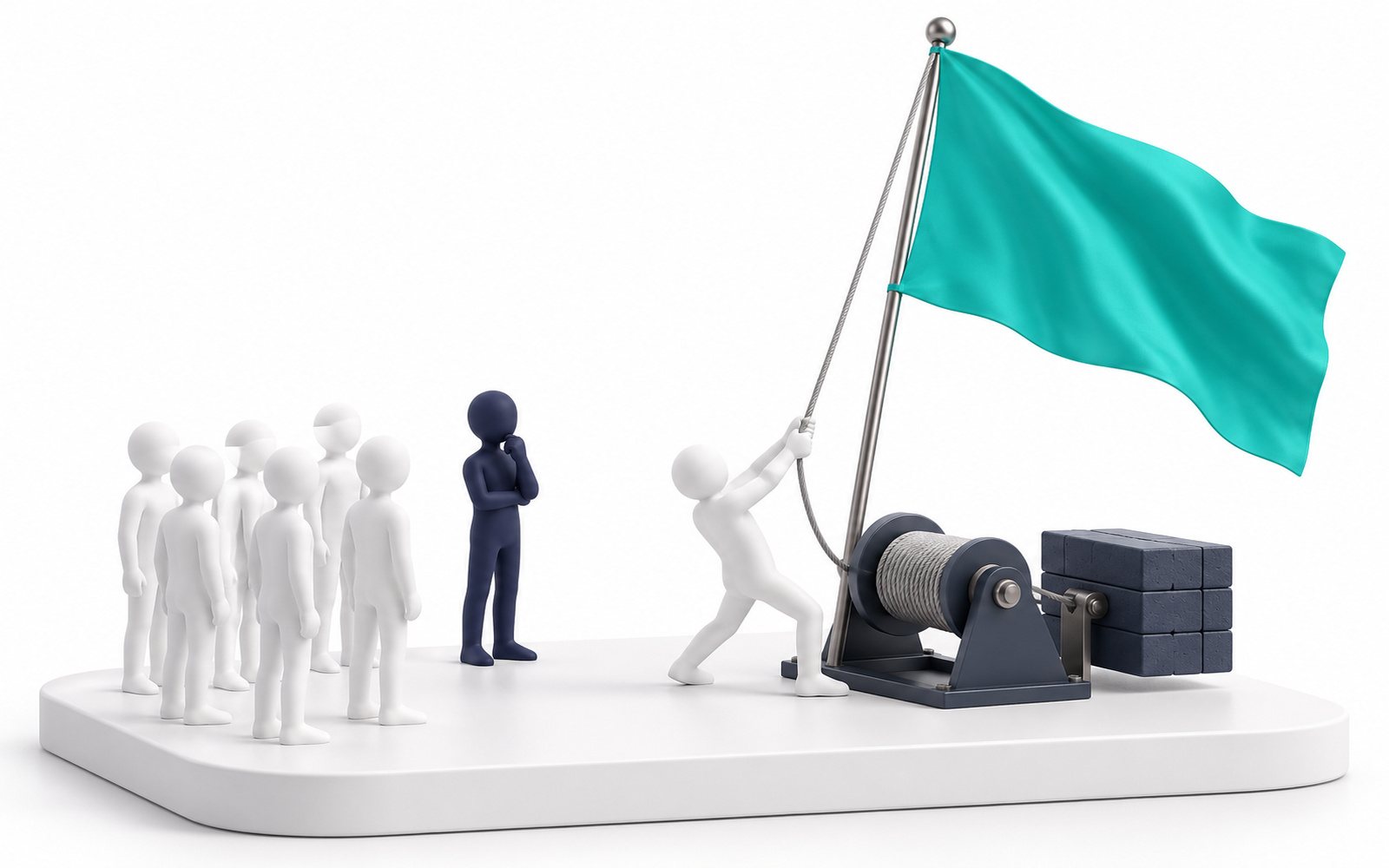 Parmi des figurines identiques, une seule hisse un grand drapeau turquoise ; une figurine recruteuse la remarque.