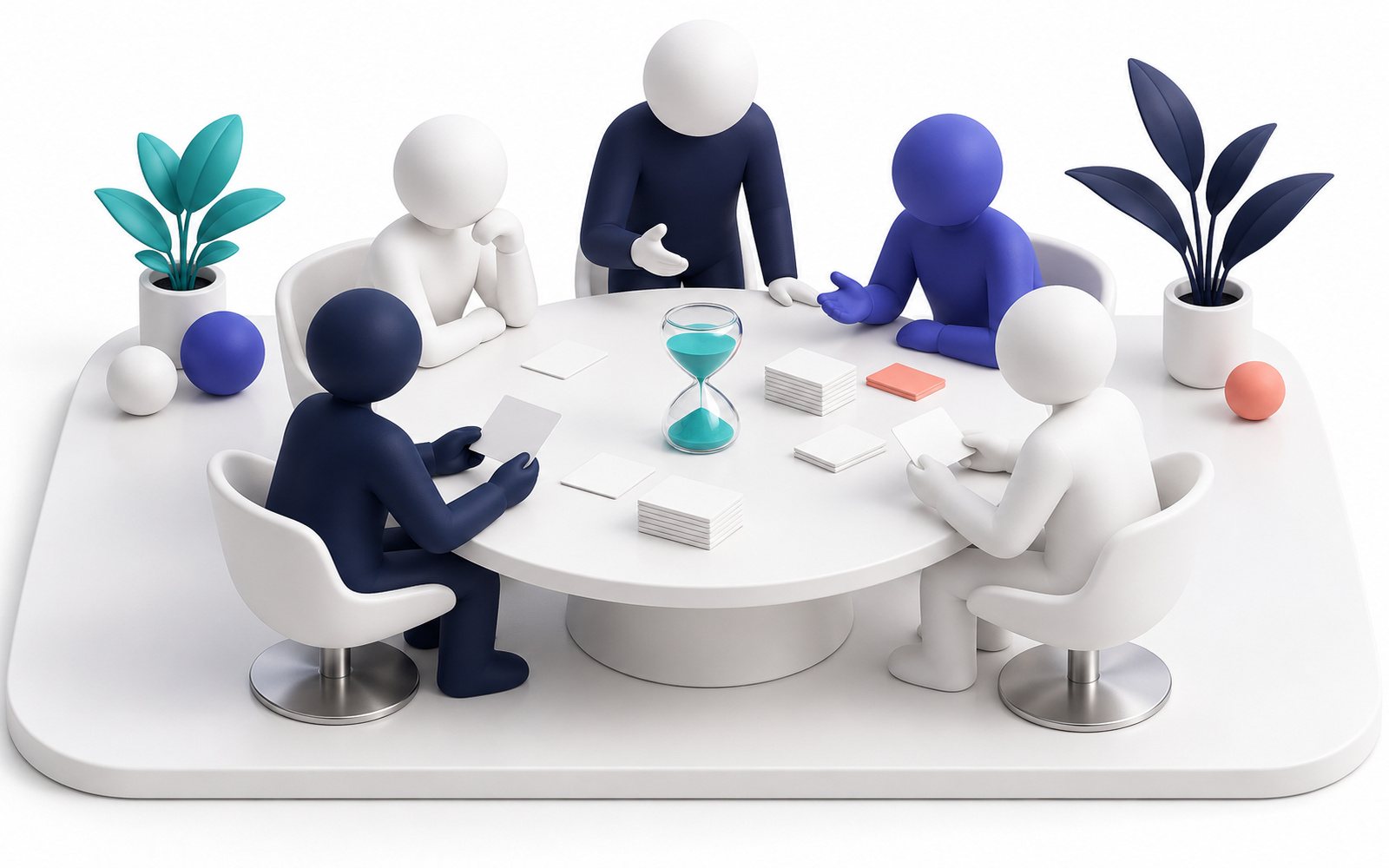 Une équipe autour d’une table ronde avec un sablier au centre.