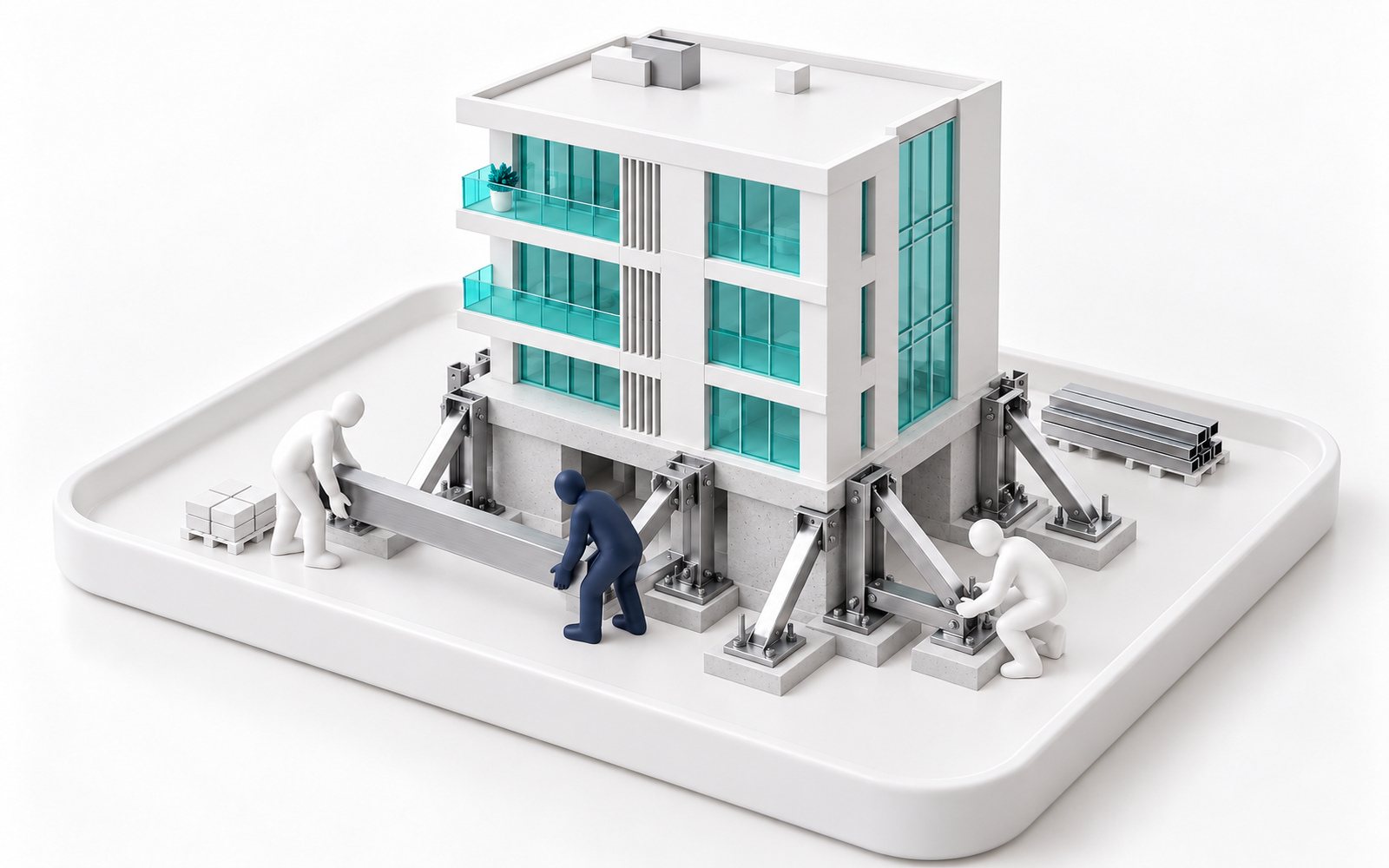 Des figurines renforcent les fondations d’un bâtiment avec des poutres et des étais.