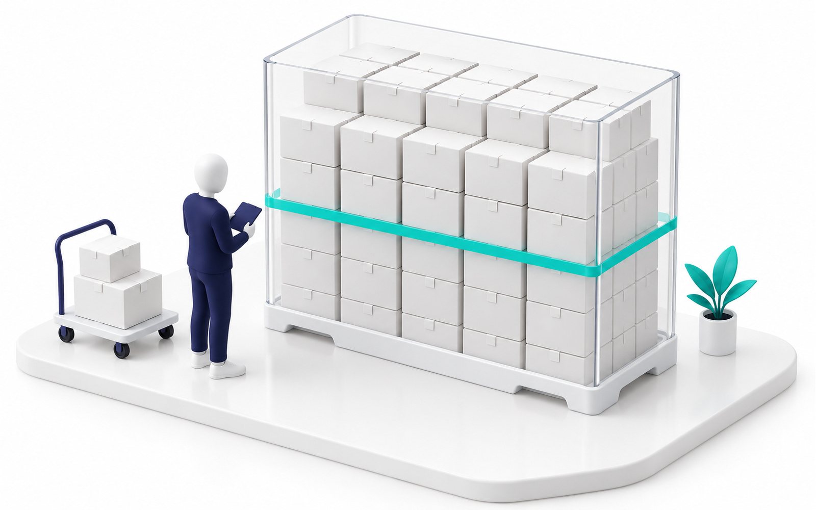 Un grand stock de cartons marqué d’une ligne turquoise de niveau minimum ; une figurine surveille.