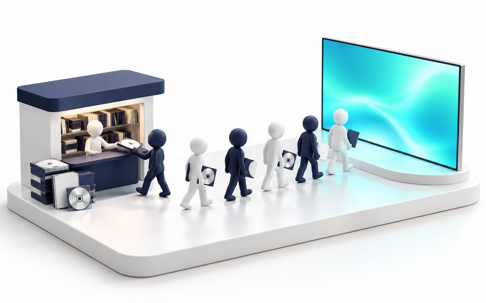 Une file de figurines quitte un guichet de location de DVD pour un grand écran de streaming.