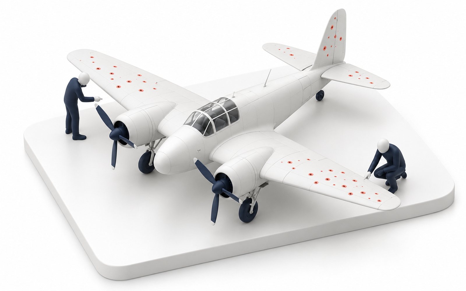 Deux figurines inspectent un avion de retour de mission criblé d’impacts corail sur les ailes.