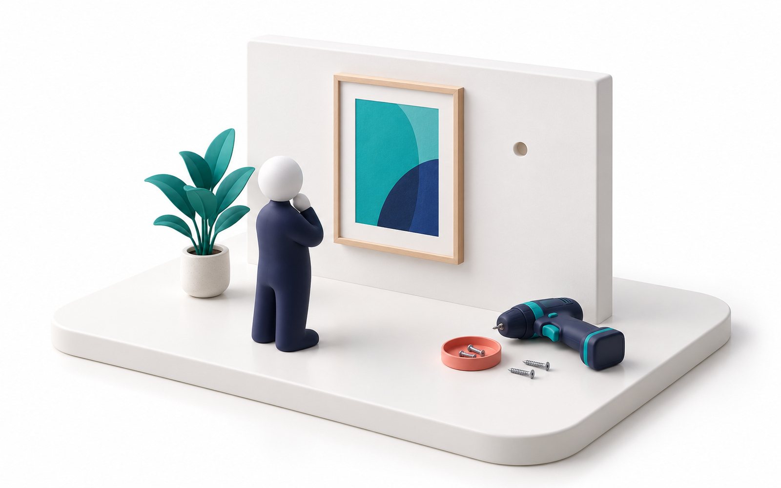 Une perceuse posée à l’écart, et un cadre accroché au mur qu’une figurine admire.