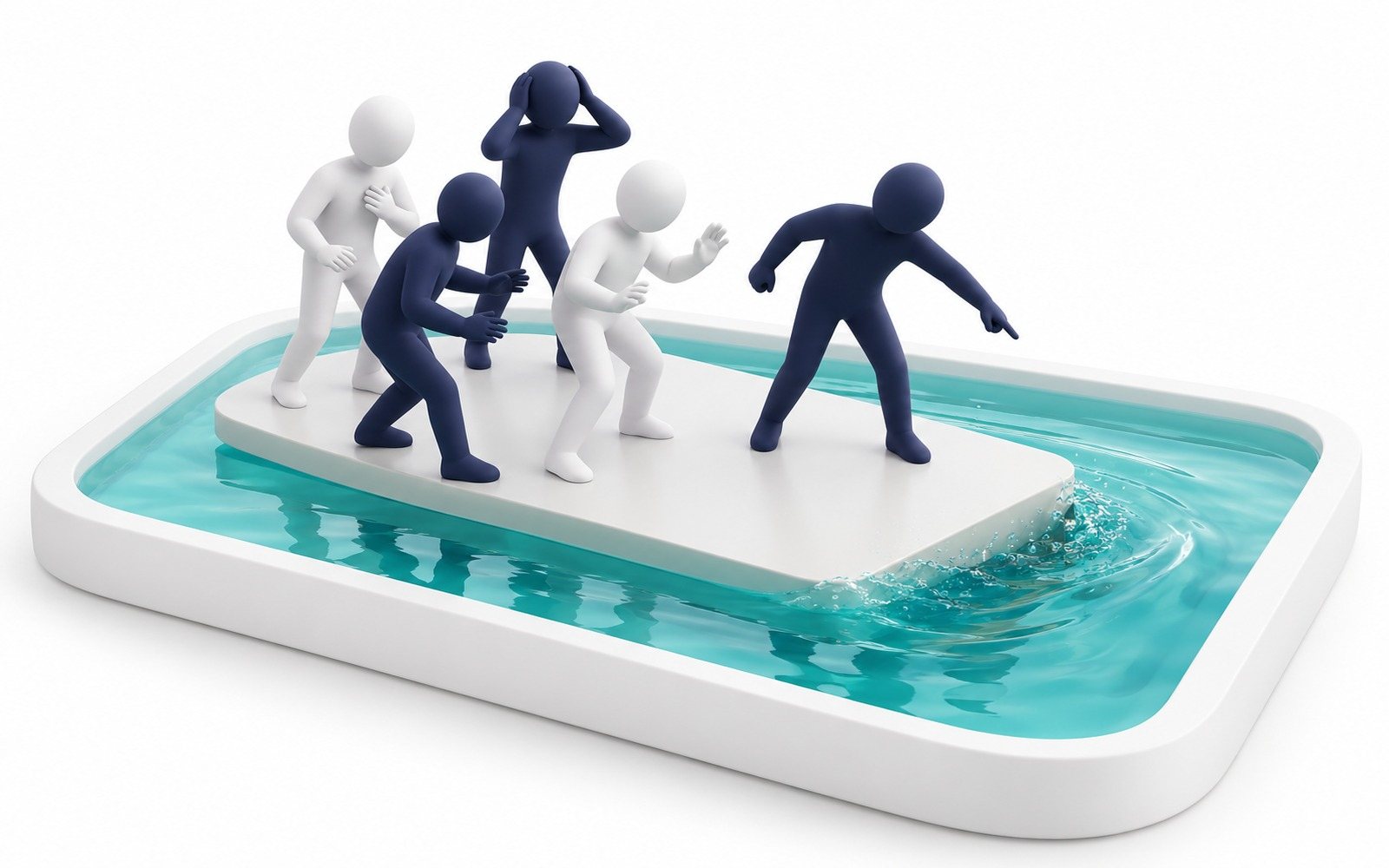 Une plateforme qui s’enfonce dans l’eau turquoise ; une figurine alerte les autres.