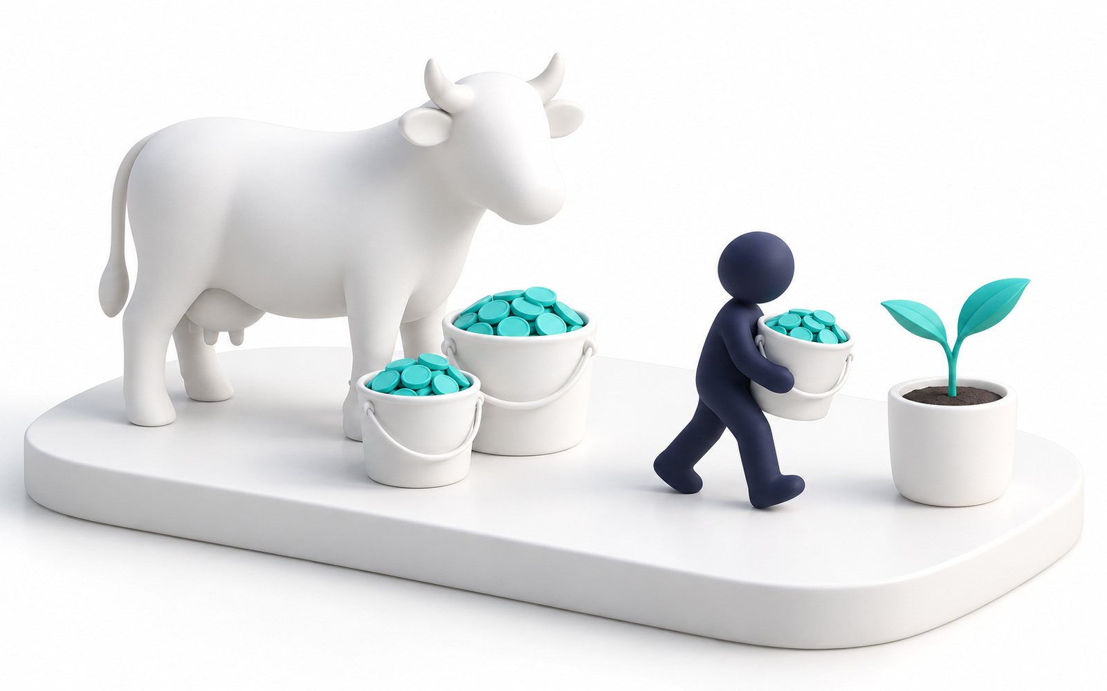 Une figurine porte des seaux de pièces turquoise d’une vache vers une jeune pousse.