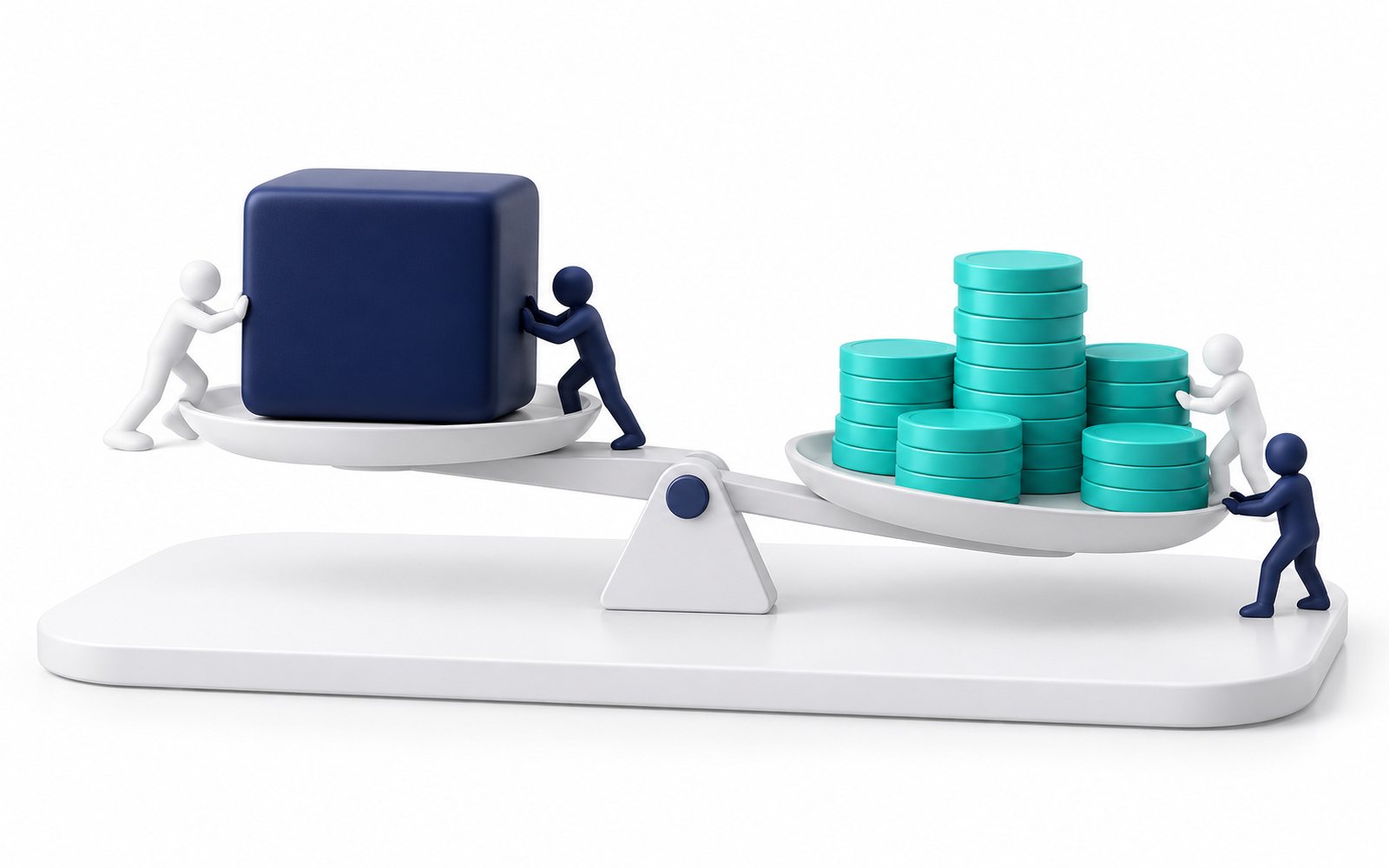 Une balance : un bloc bleu nuit d’un côté, une pile de pièces turquoise de l’autre.