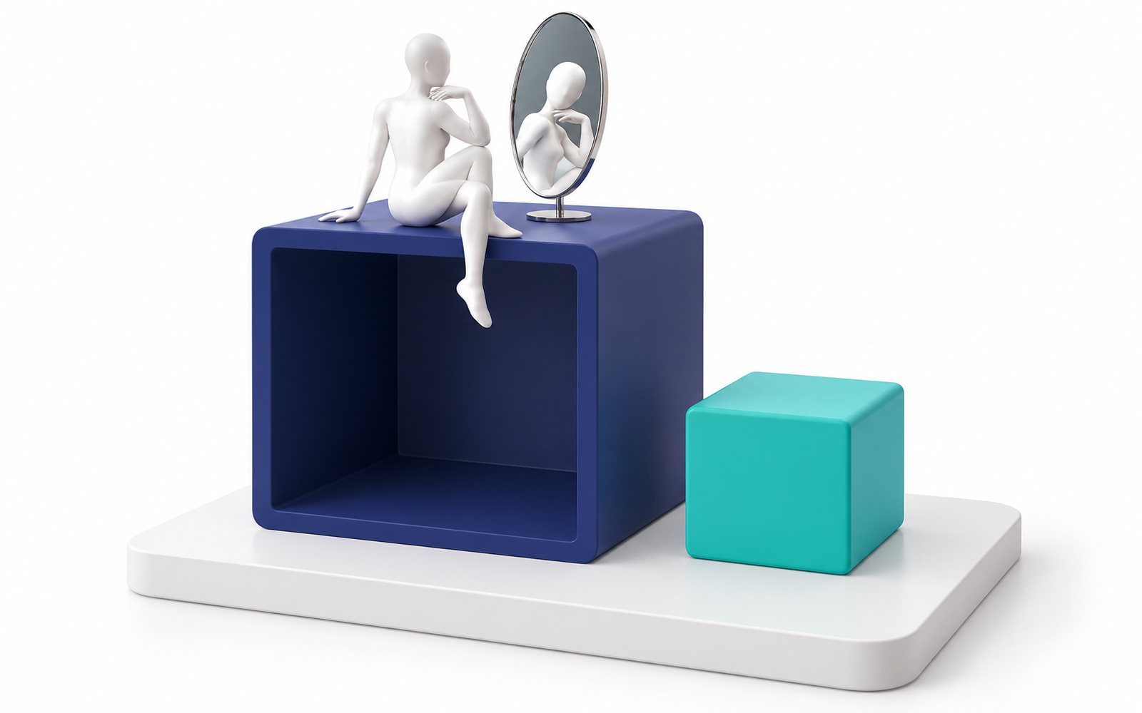 Une figurine se regarde dans un miroir sur un gros bloc creux ; à côté, un bloc turquoise plus petit mais plein.