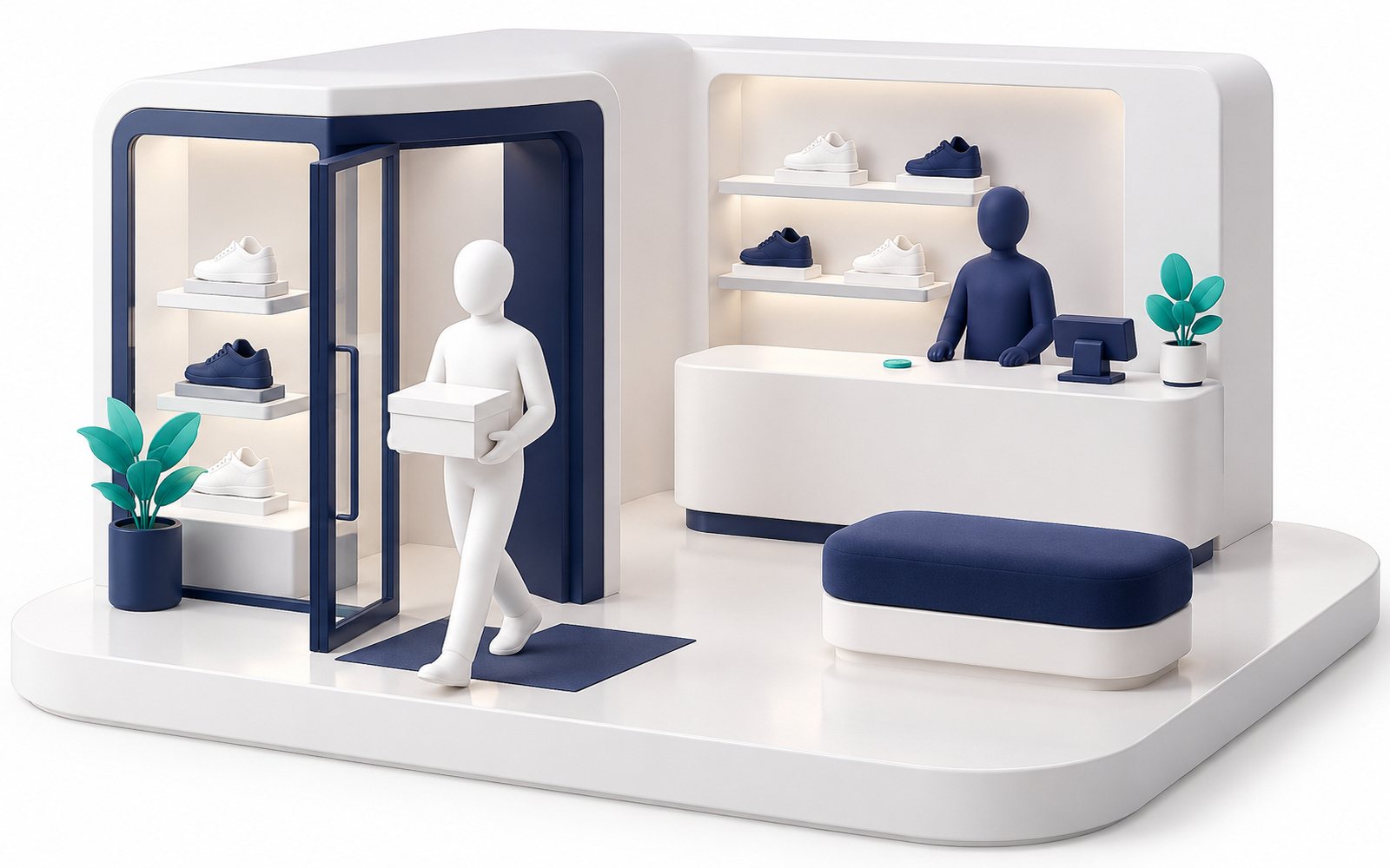 Une figurine sort d’une boutique de baskets avec une boîte : une vente, une fois.