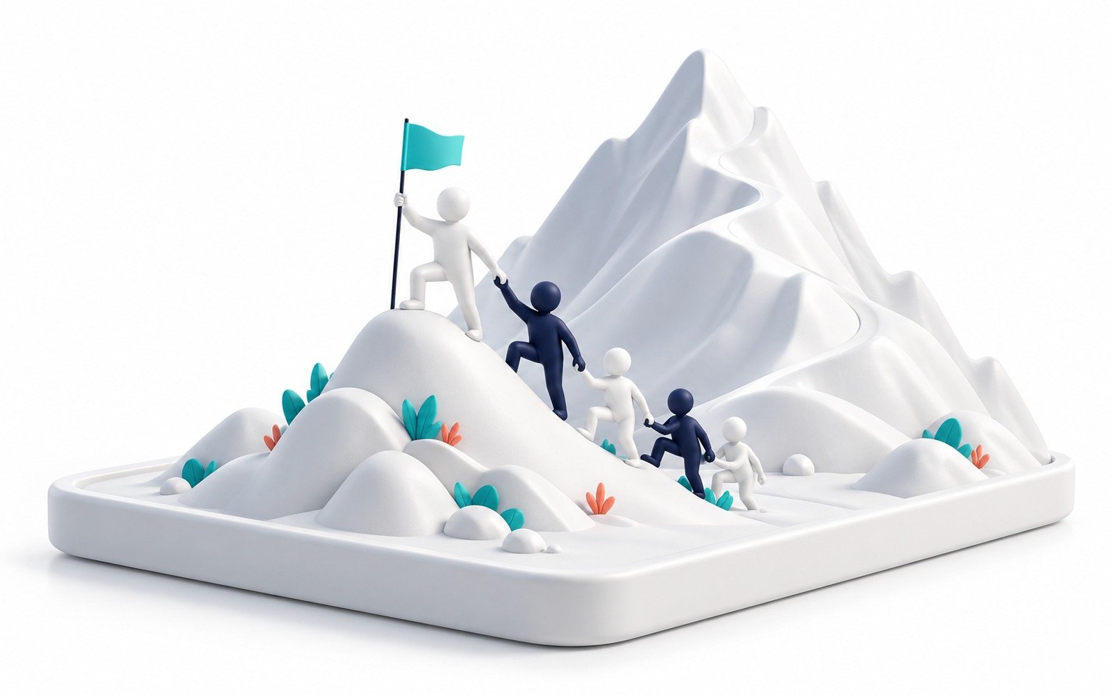 Des figurines plantent un drapeau au sommet d’une petite colline, une montagne derrière.