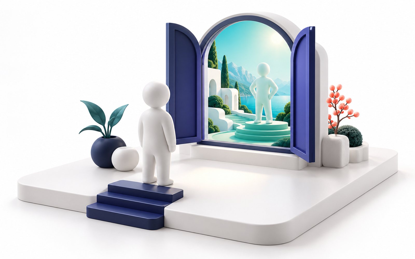Une figurine devant une fenêtre ouverte sur une version future lumineuse d’elle-même.
