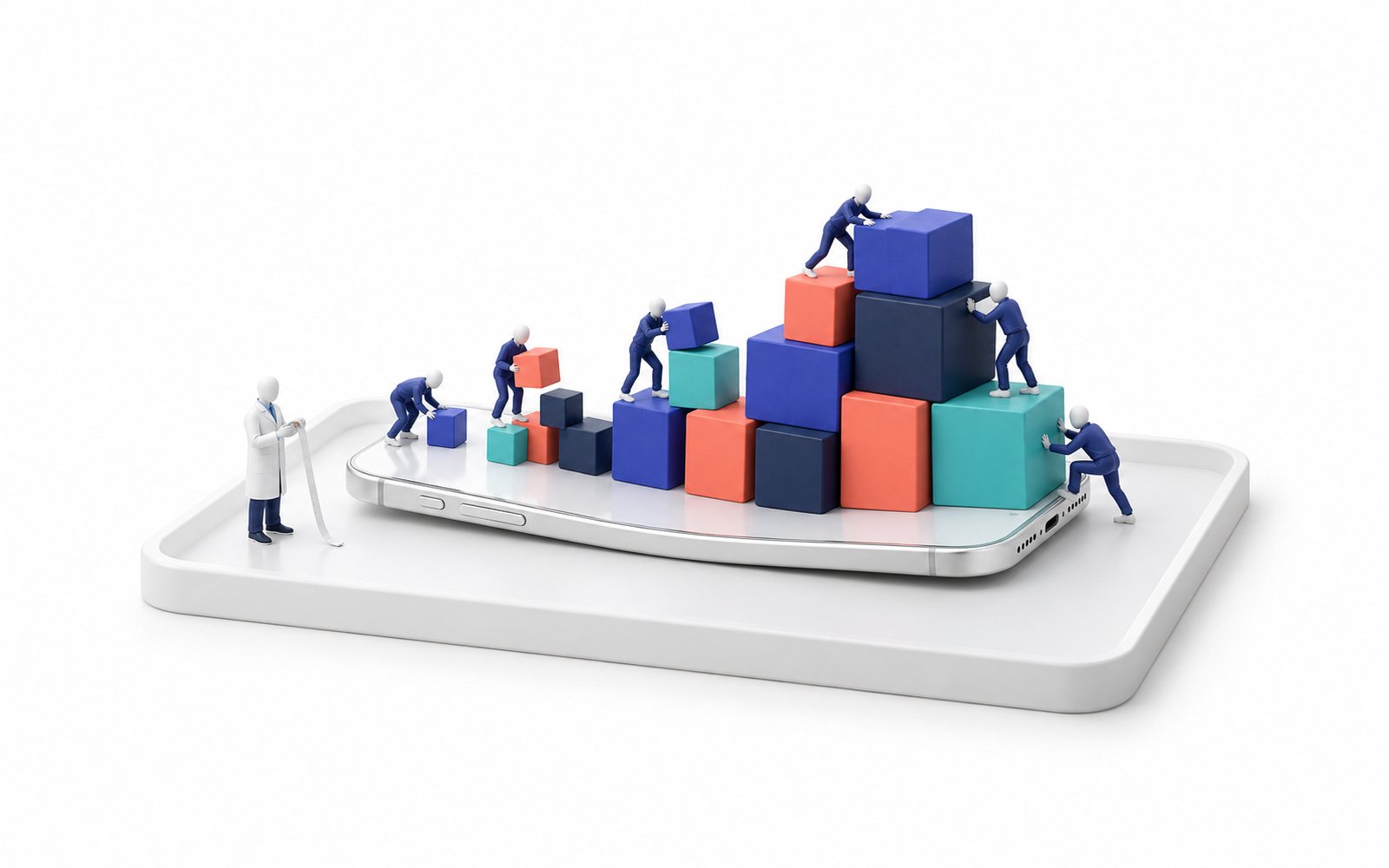Des figurines empilent des blocs de plus en plus lourds sur un smartphone qui plie ; une figurine en blouse mesure.